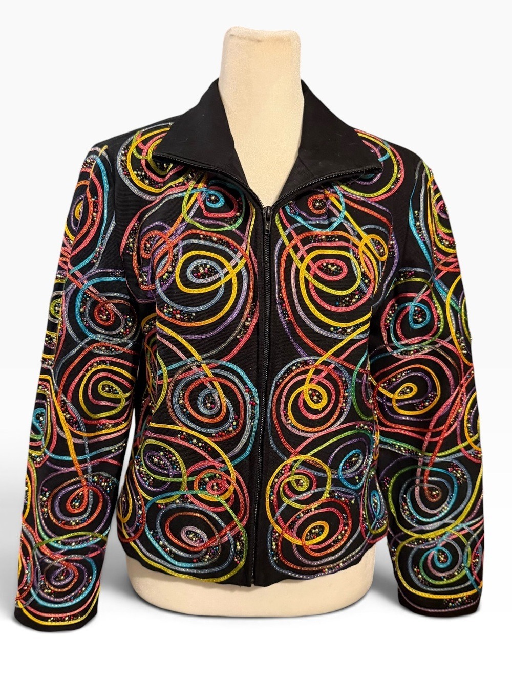 Vintage Anage Ribbon Loops Beaded Wearable Art Zip Up Jacket Women’s Size XS EC